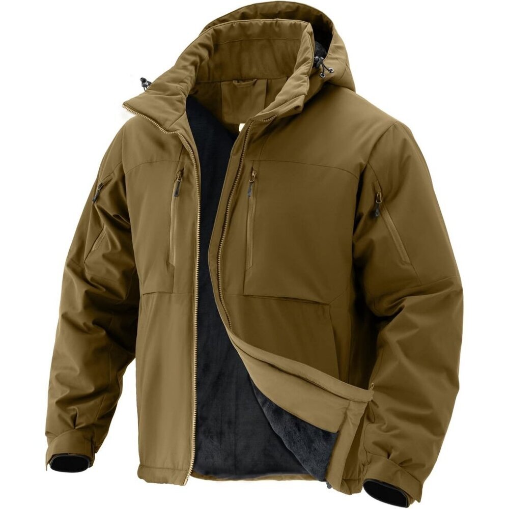 Men's Dark Khaki Hood Ski Jacket Coat Skiing Fleece Lined Detachable 7 Pockets